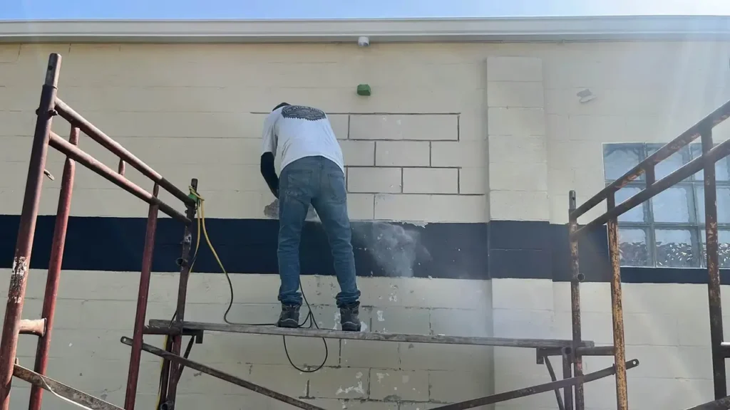 ECI Missouri masonry contractor performing tuckpointing and mortar restoration on commercial block wall exterior from scaffolding